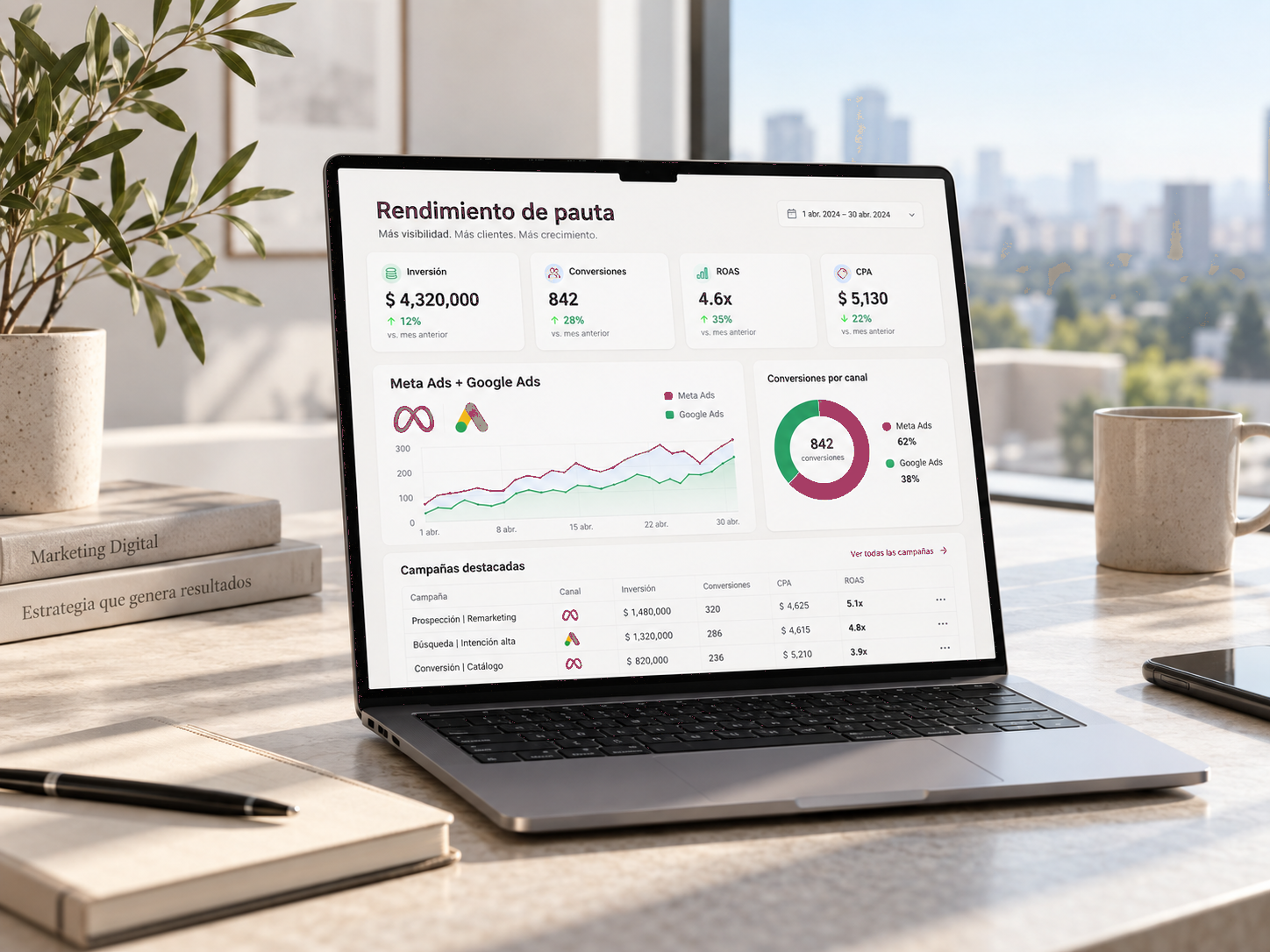 Dashboard de paid media en computadora